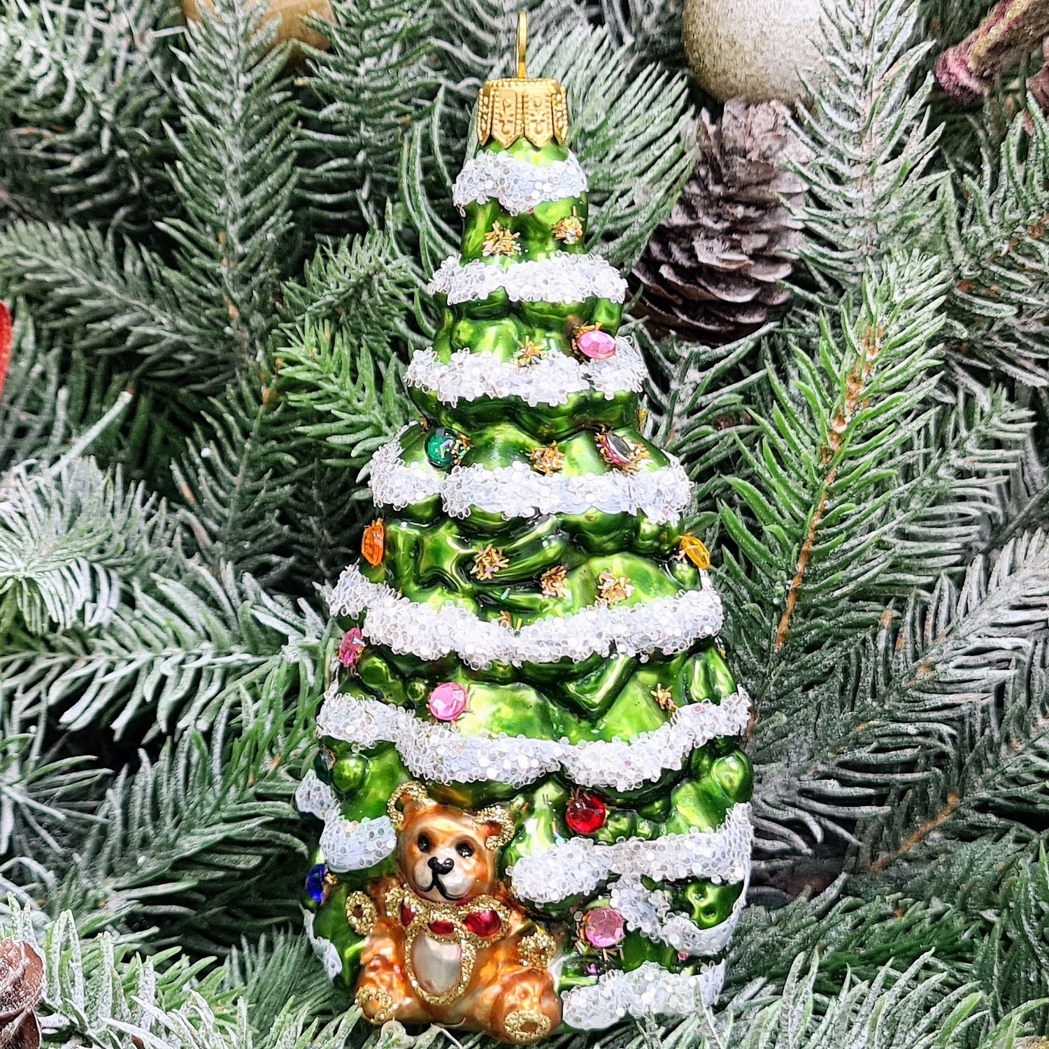 фото Стеклянная елочная игрушка Елка с лошадкой