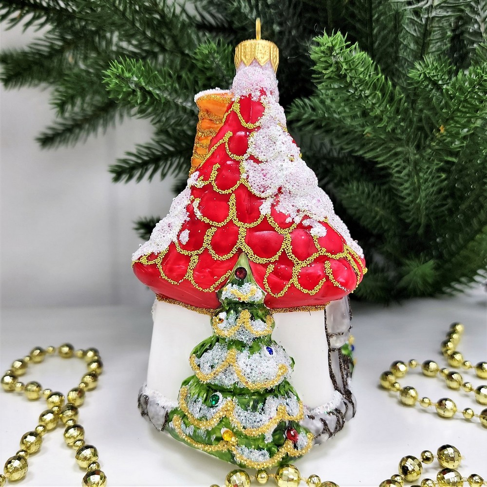 фото Стеклянная елочная игрушка Домик Мельница