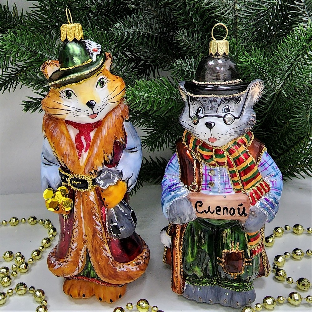 фото Набор стеклянных ёлочных игрушек Кот и лиса