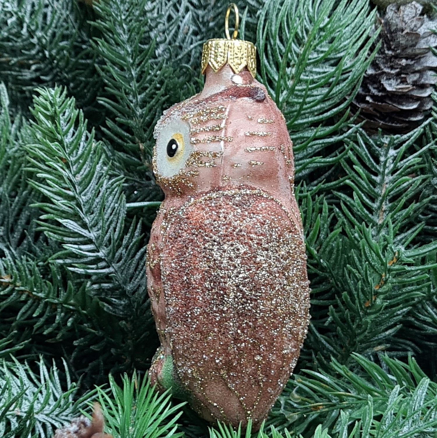 фото Стеклянная елочная игрушка Сова коричневая