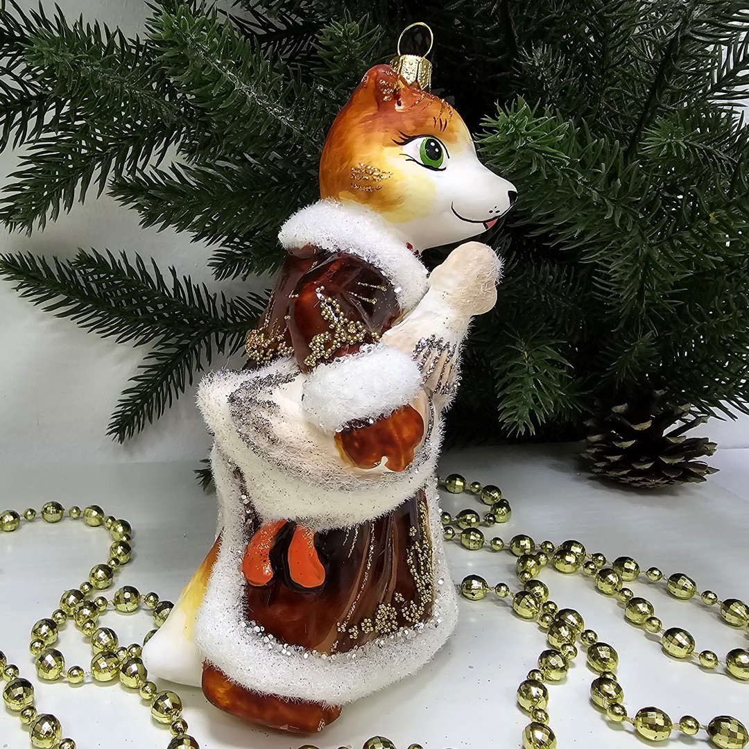 фото Стеклянная елочная игрушка Лиса с гусем