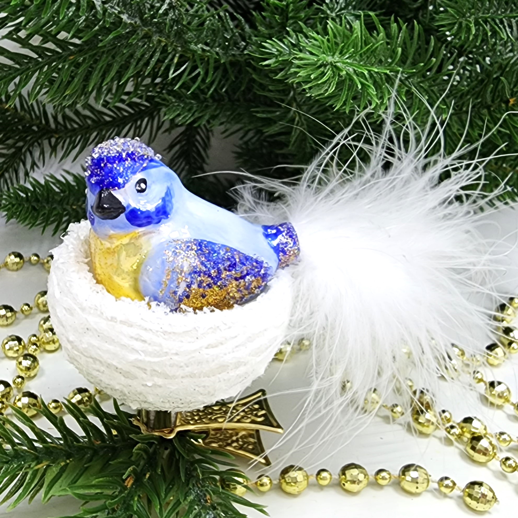 фото Стеклянная елочная игрушка Синичка в гнезде на прищепке