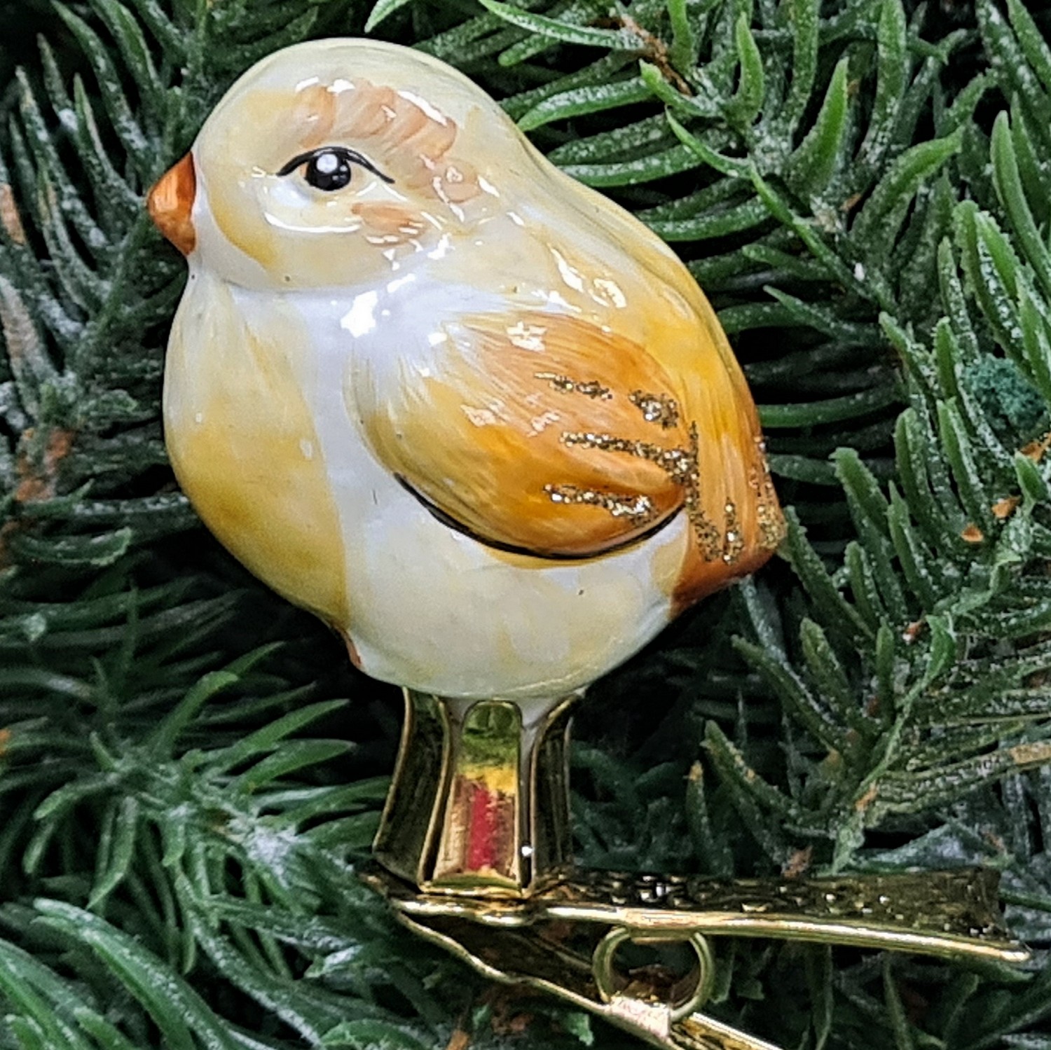 фото Стеклянная елочная игрушка Цыпленок на прищепке