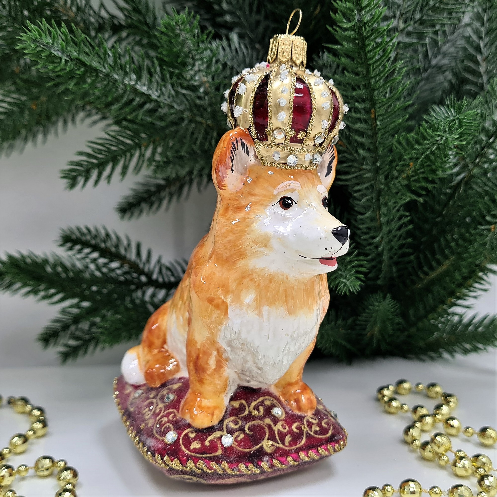 фото Стеклянная елочная игрушка Корги в короне