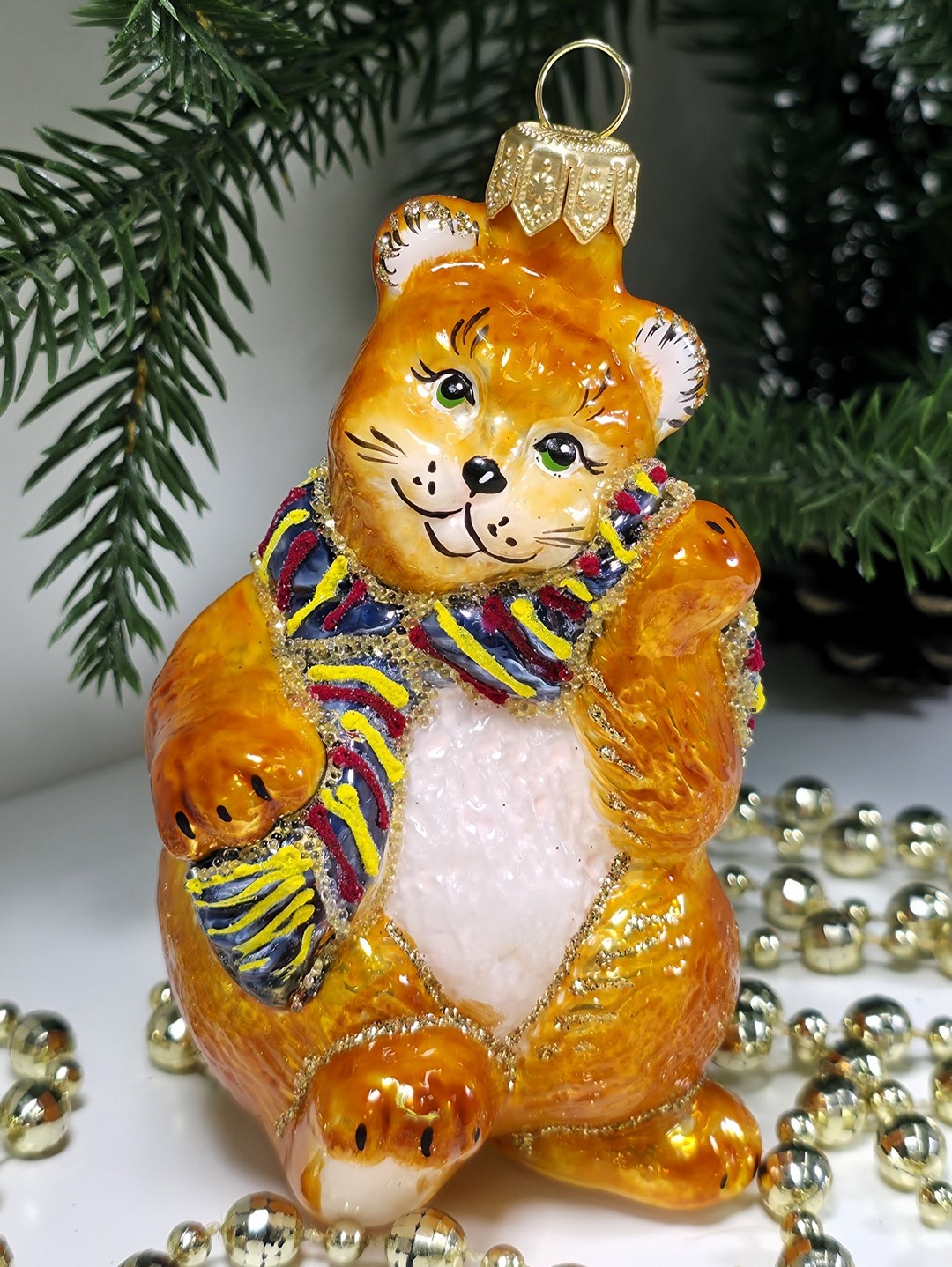 фото Стеклянная елочная игрушка Котик в шарфе