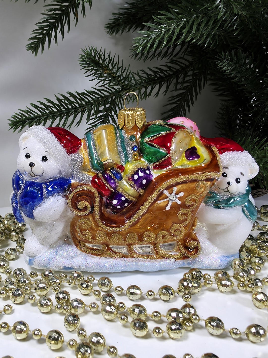 фото Стеклянная елочная игрушка Мишки тянут саночки