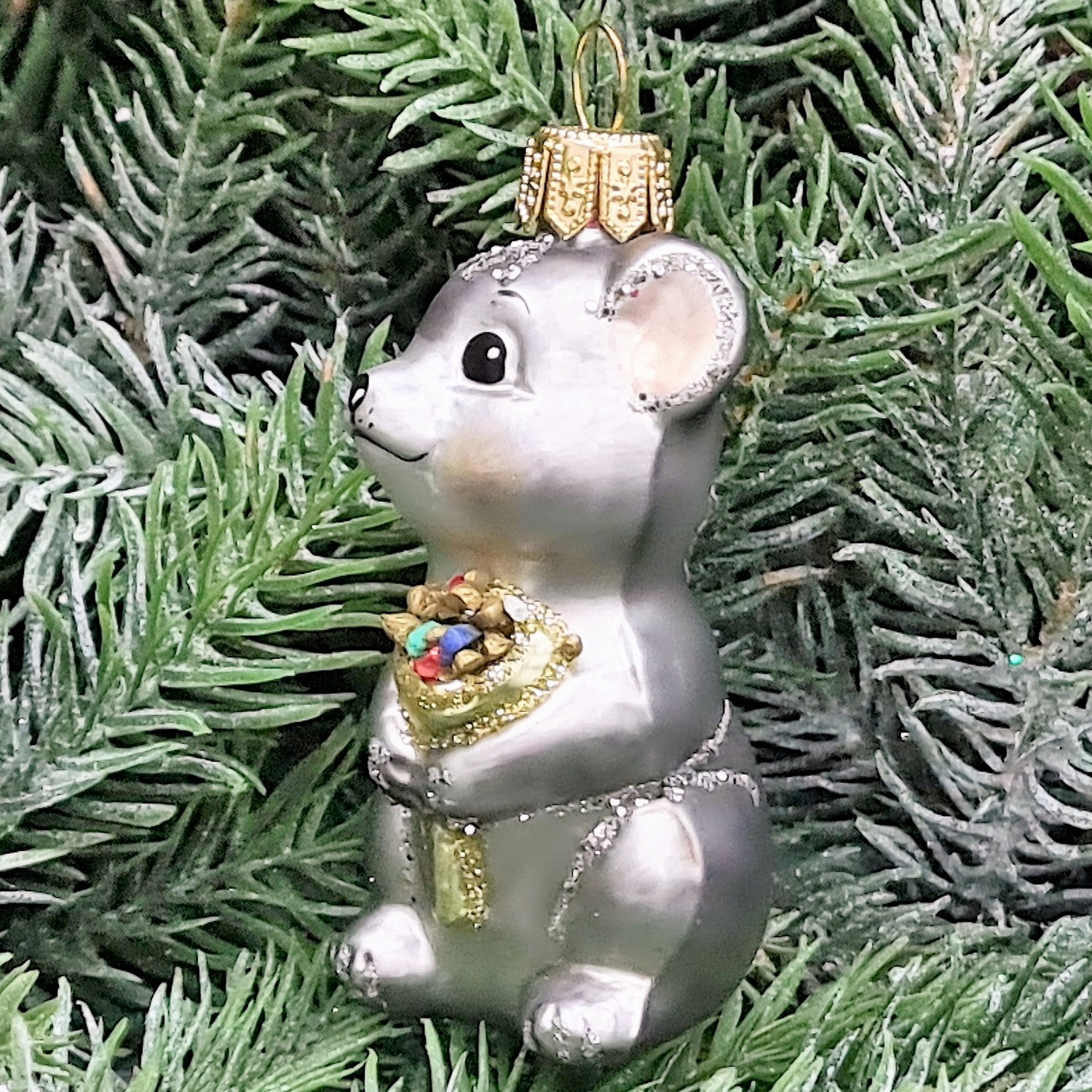 фото Стеклянная елочная игрушка Мышка с цветами