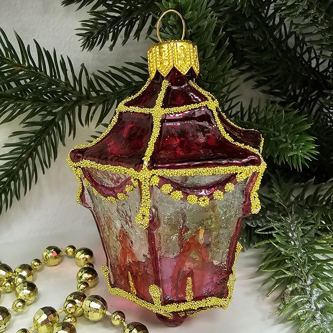 фото Стеклянная елочная игрушка Фонарик красный