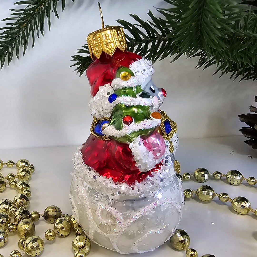 фото Стеклянная елочная игрушка Снеговик с елочкой