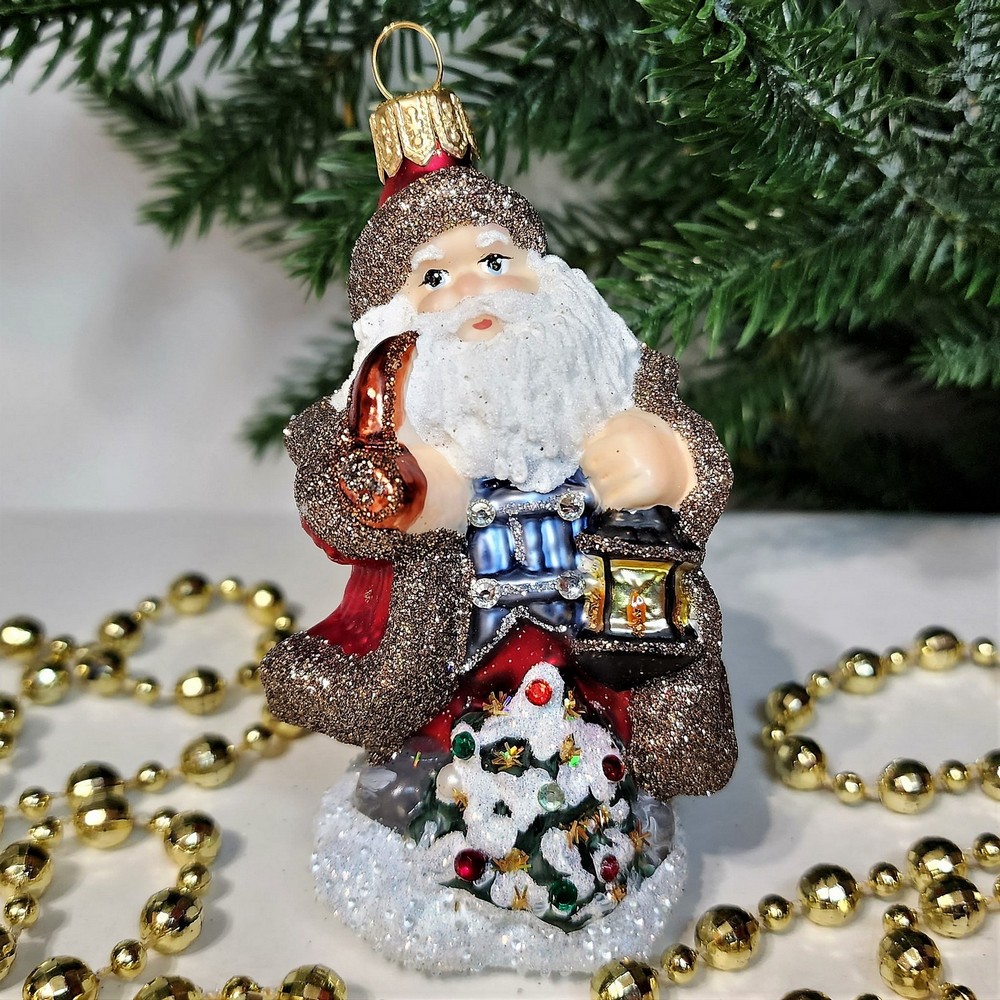 фото Стеклянная елочная игрушка Дед Мороз с фонарем царский