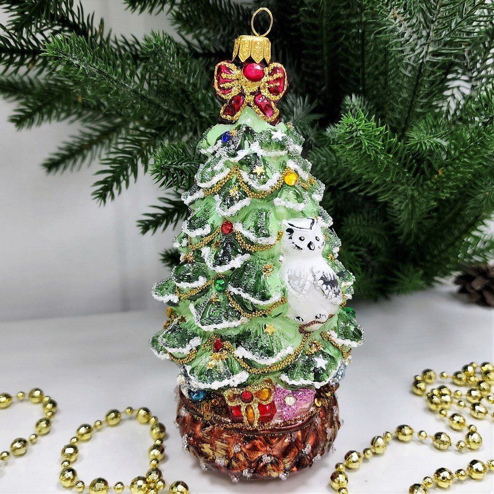 фото Стеклянная елочная игрушка Елка с совой и звездой