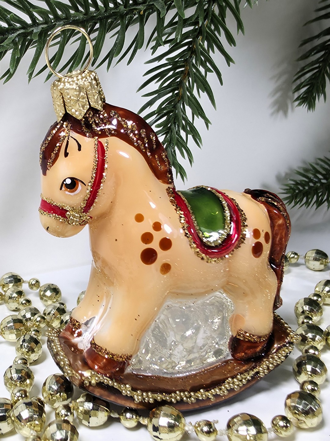 фото Стеклянная елочная игрушка Лошадка качалка малая