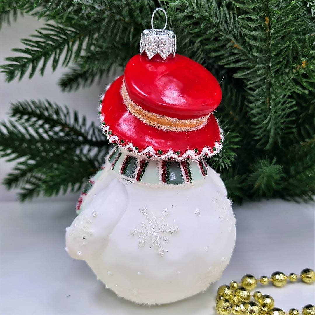 фото Стеклянная елочная игрушка Снеговик с метлой