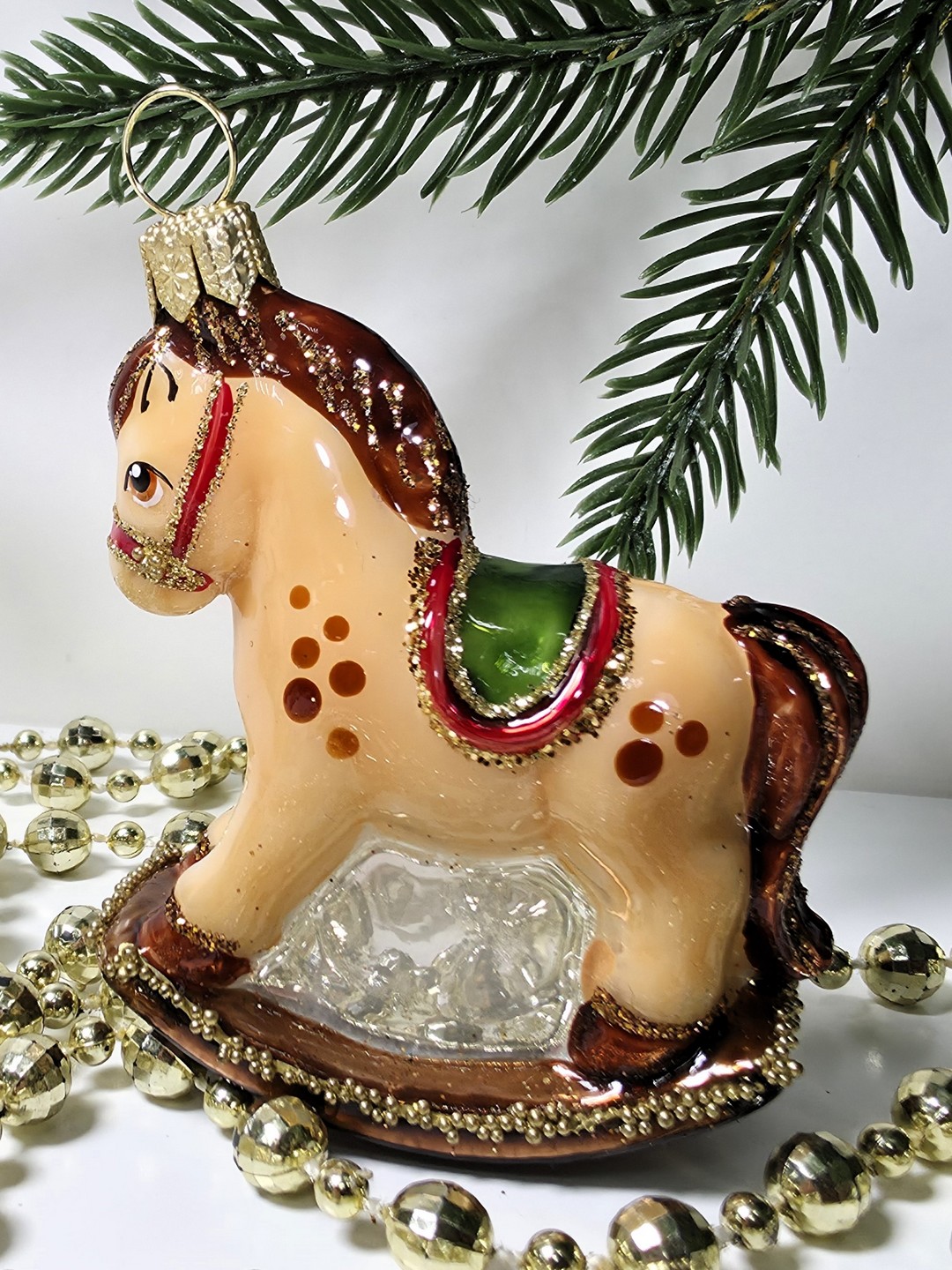 фото Стеклянная елочная игрушка Лошадка качалка малая