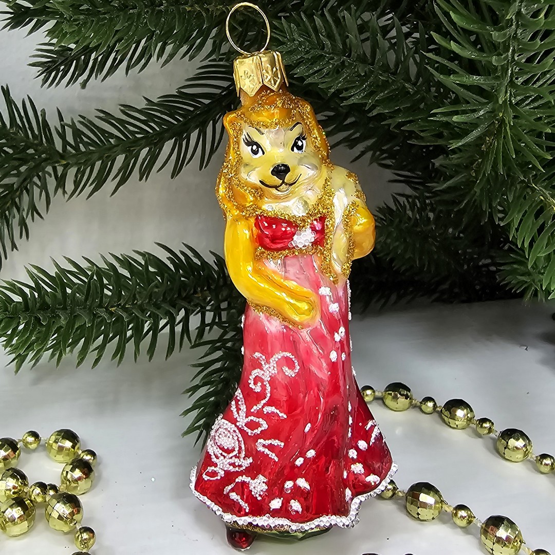 фото Стеклянная елочная игрушка Лиса в платье малая