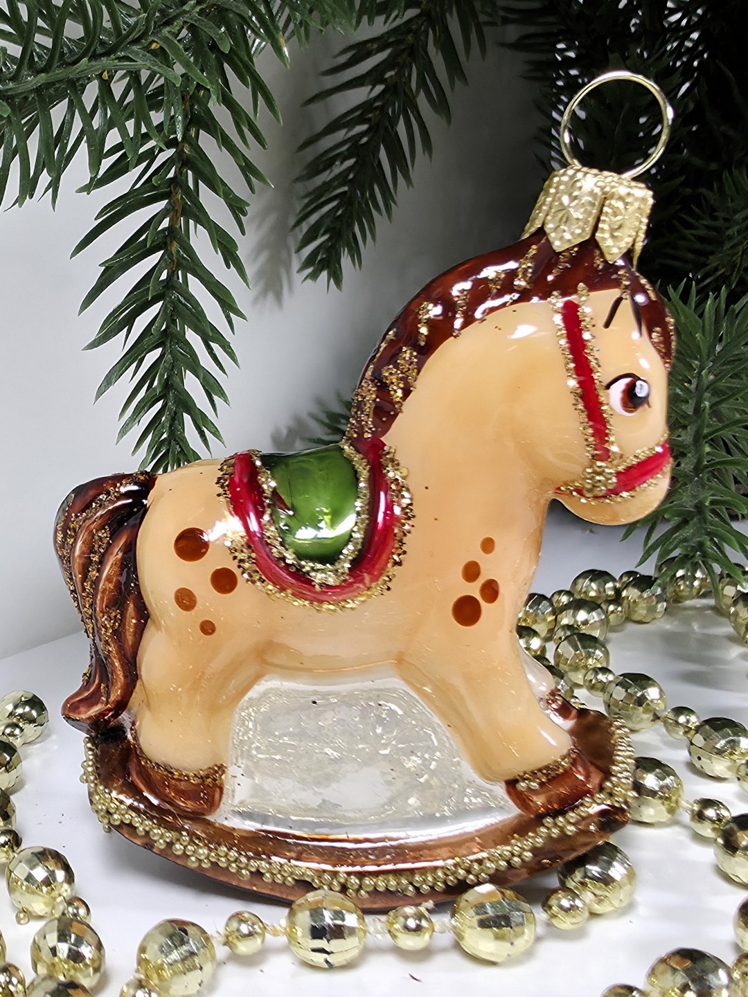 фото Стеклянная елочная игрушка Лошадка качалка малая