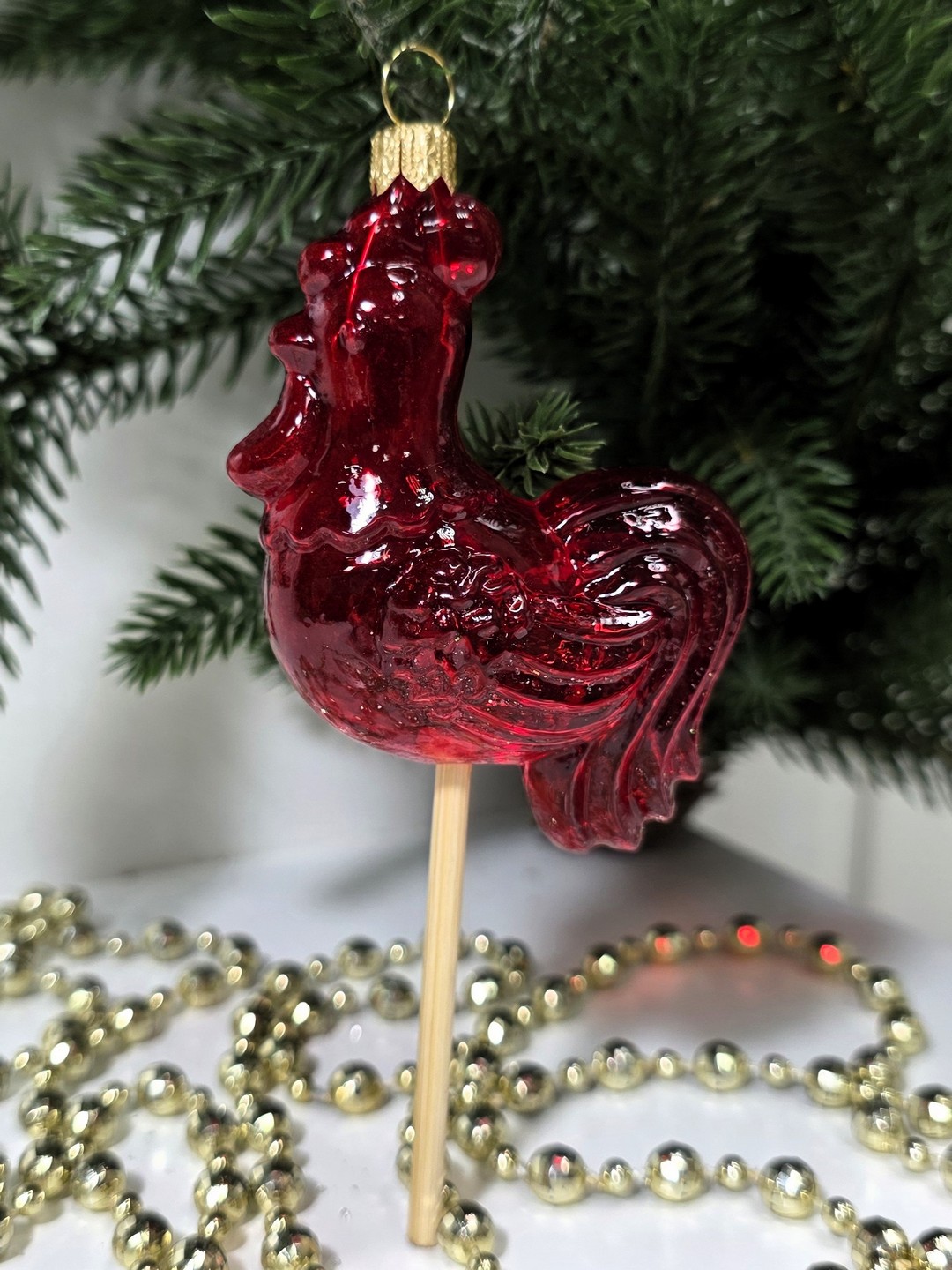 фото Стеклянная елочная игрушка Петушок на палочке