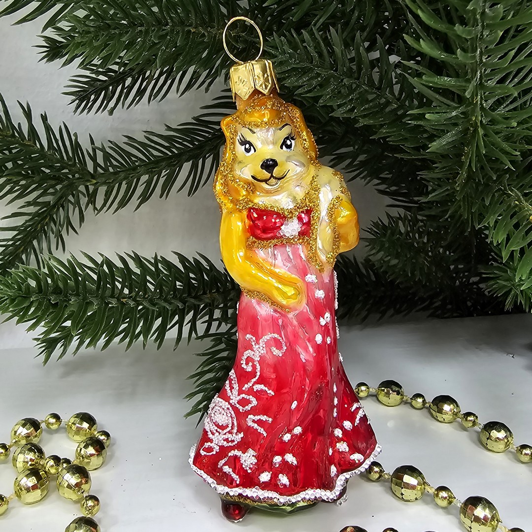 фото Стеклянная елочная игрушка Лиса в платье малая