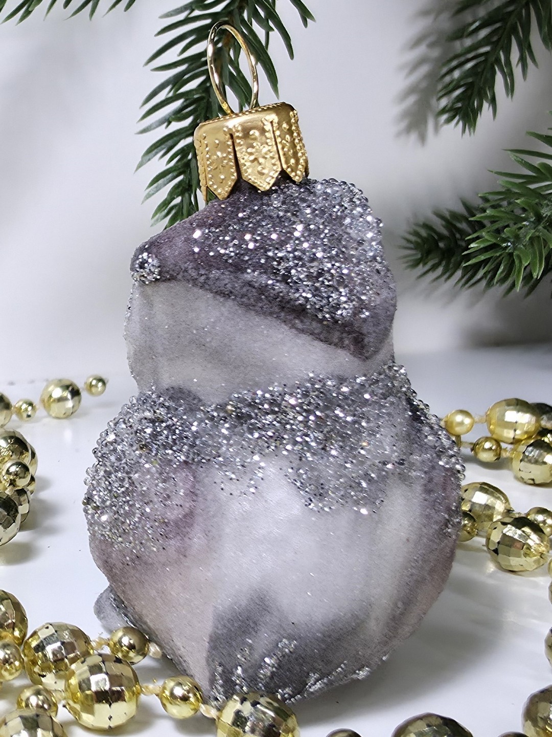 фото Стеклянная елочная игрушка Совушка серая