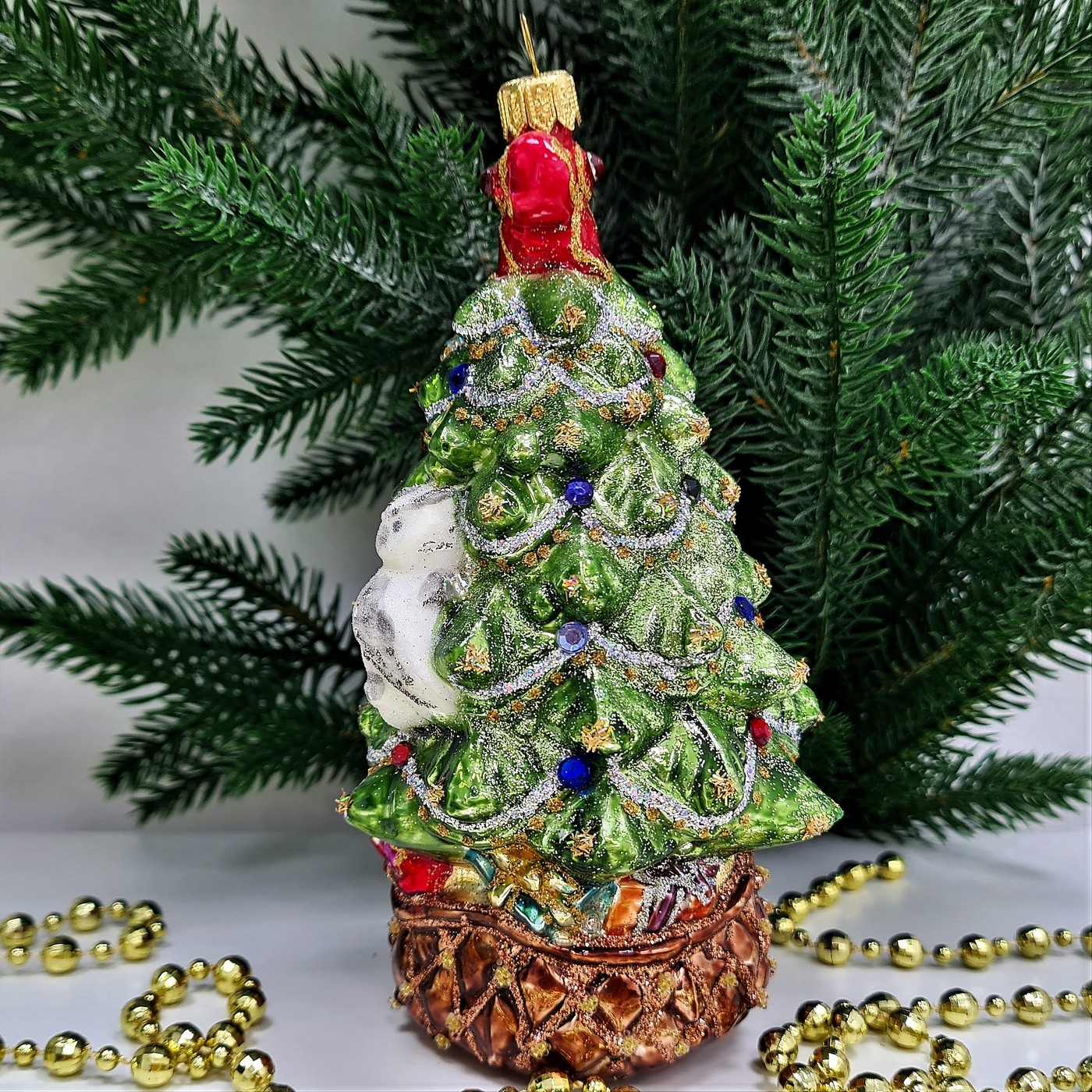 фото Стеклянная елочная игрушка Елка с совой и бантом