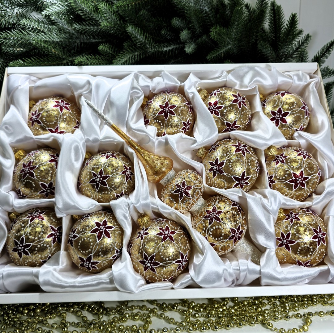 фото Набор елочных игрушек Цветы на золоте