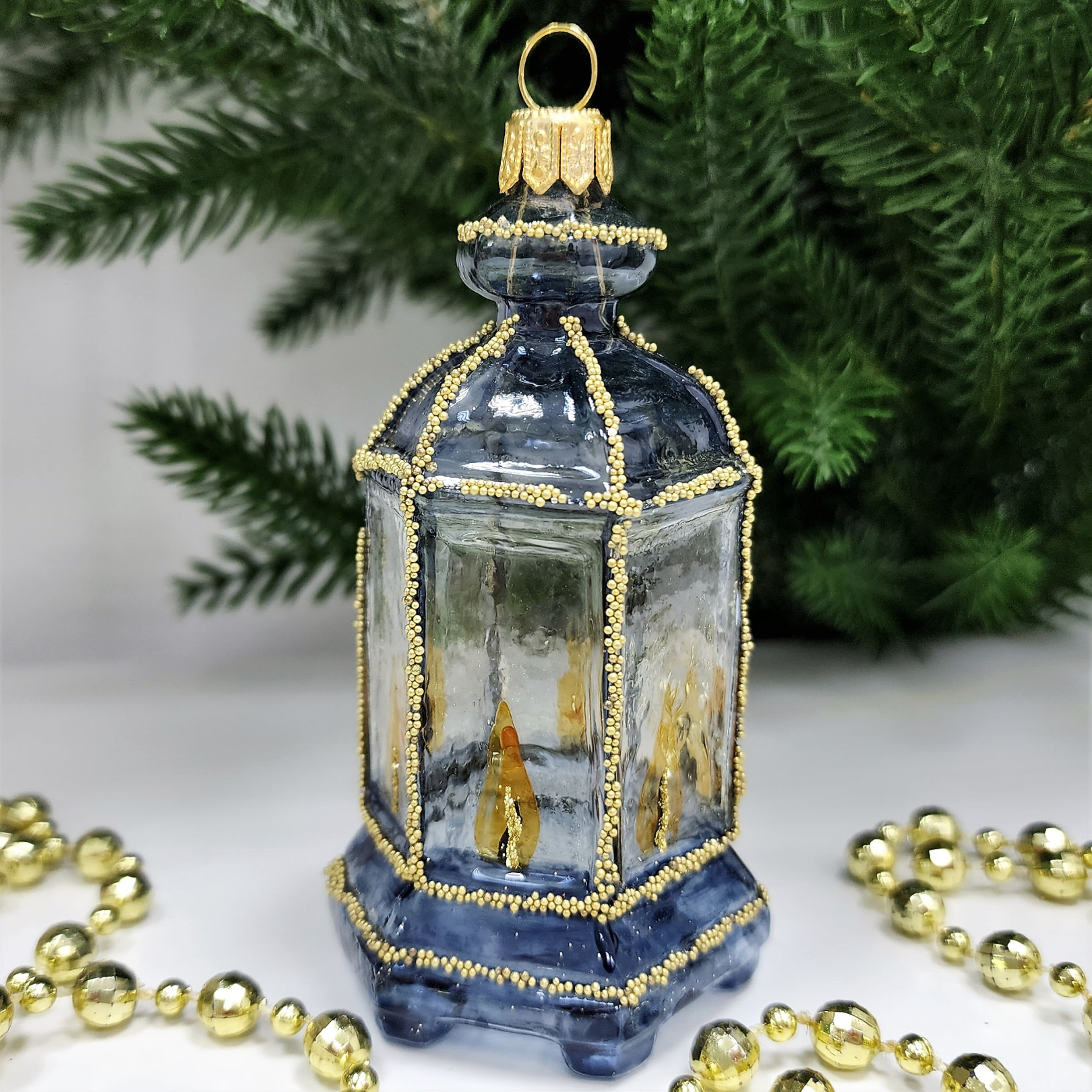 фото Стеклянная елочная игрушка Фонарик синий