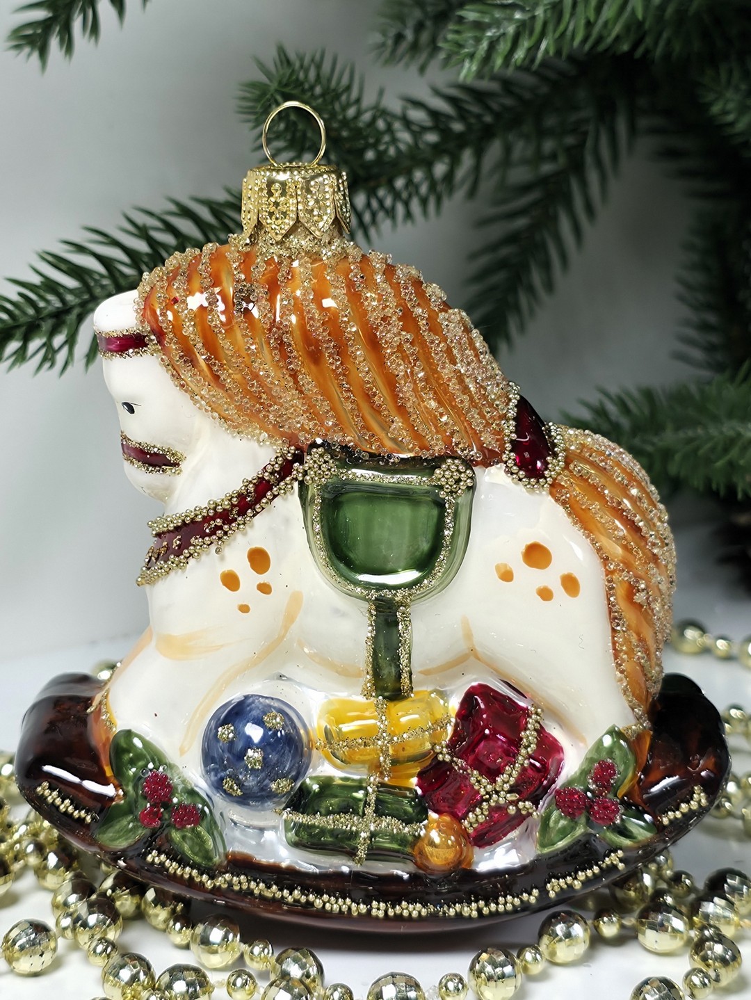 фото Стеклянная елочная игрушка Лошадка качалка