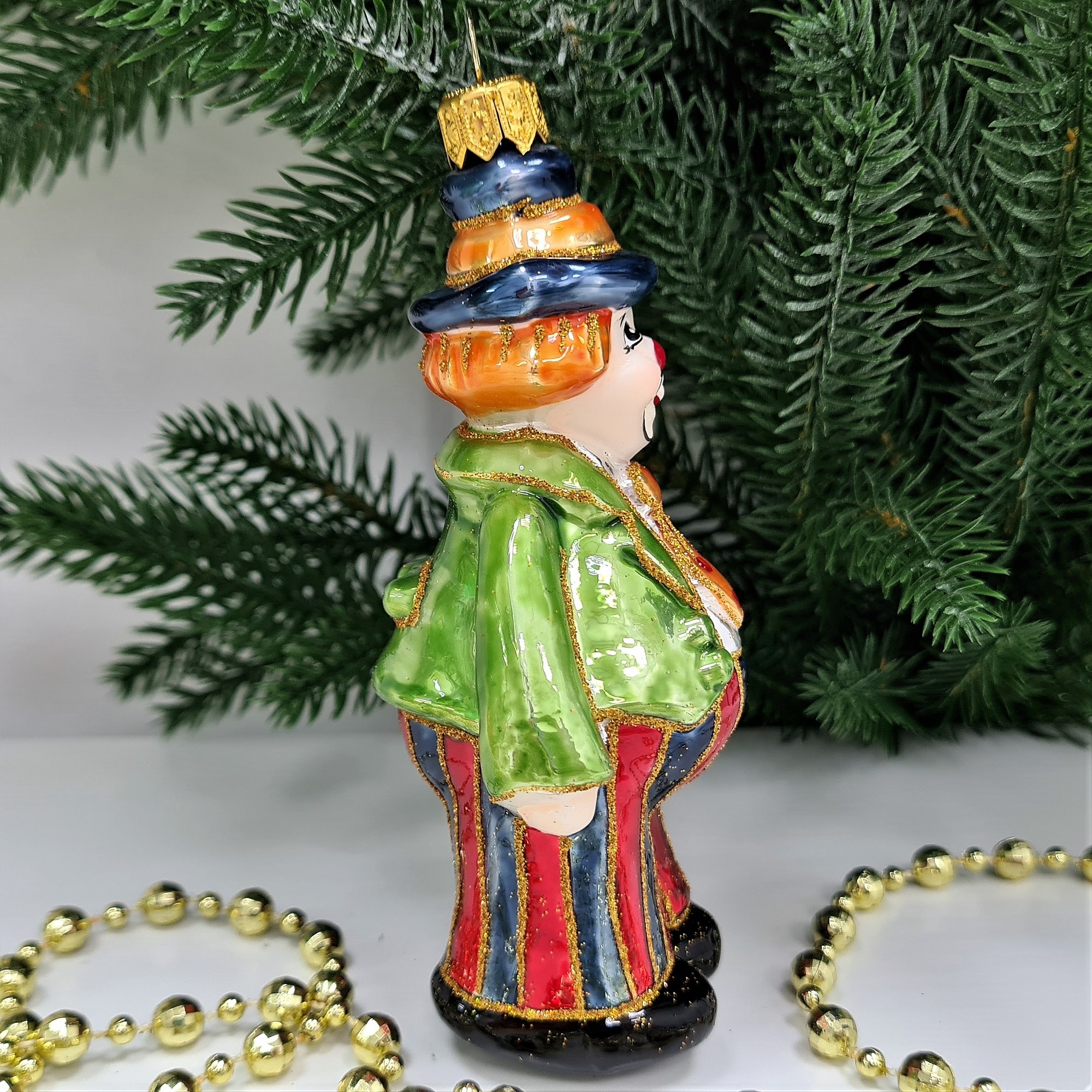 фото Стеклянная елочная игрушка Клоун в галстуке