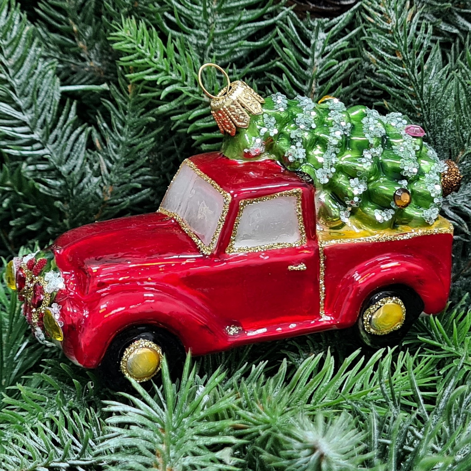 фото Стеклянная елочная игрушка Машинка с елкой