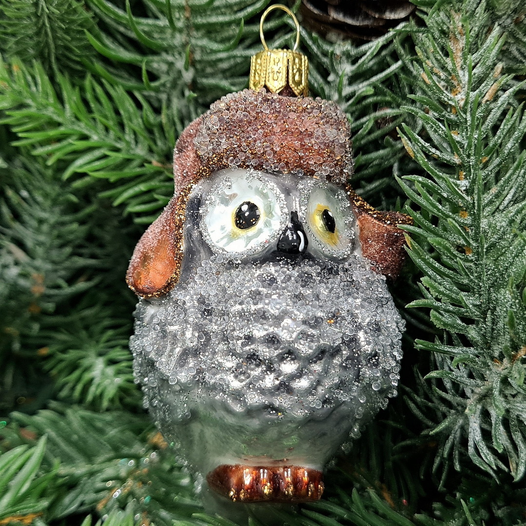 фото Стеклянная елочная игрушка Сова в ушанке-1