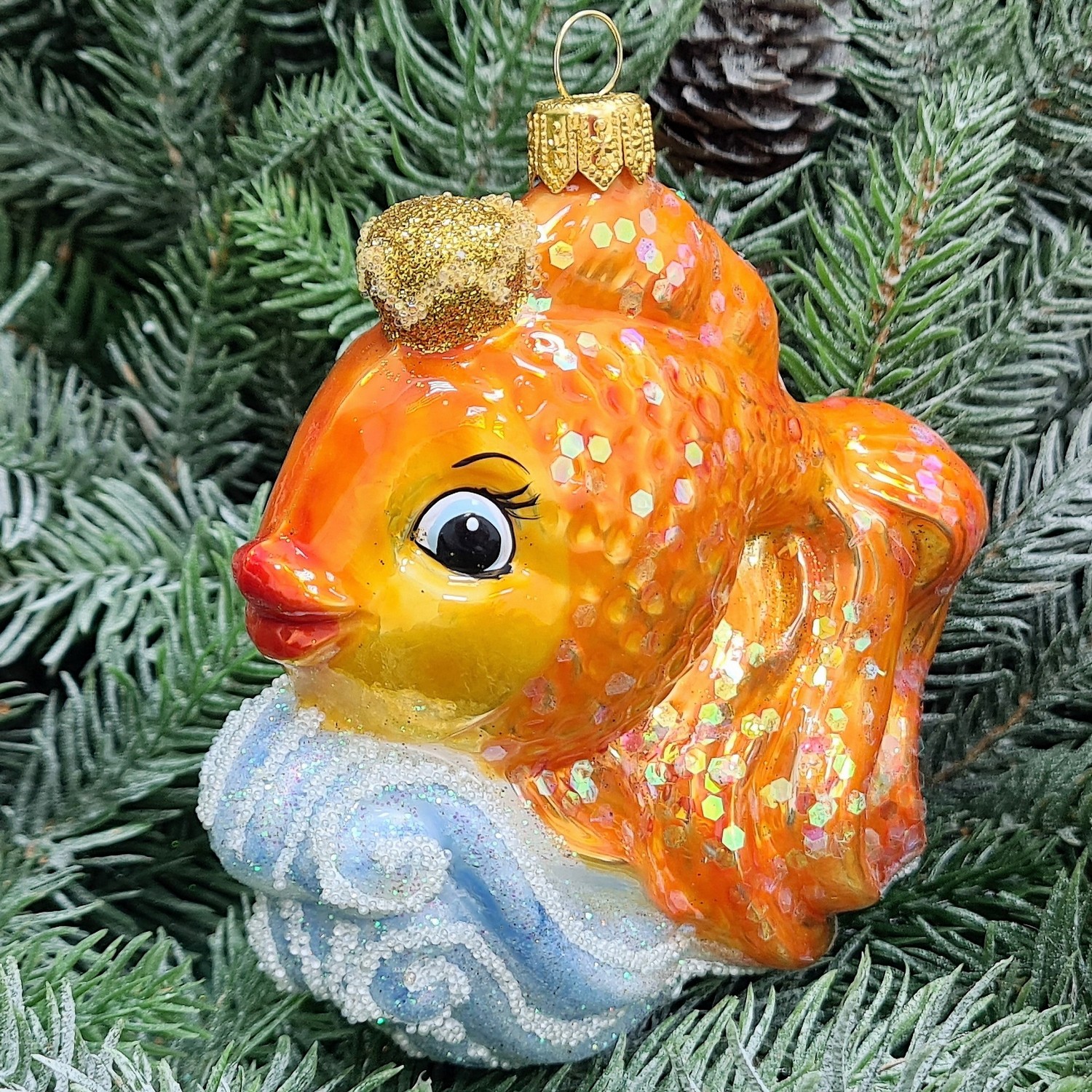 фото Стеклянная елочная игрушка Золотая рыбка