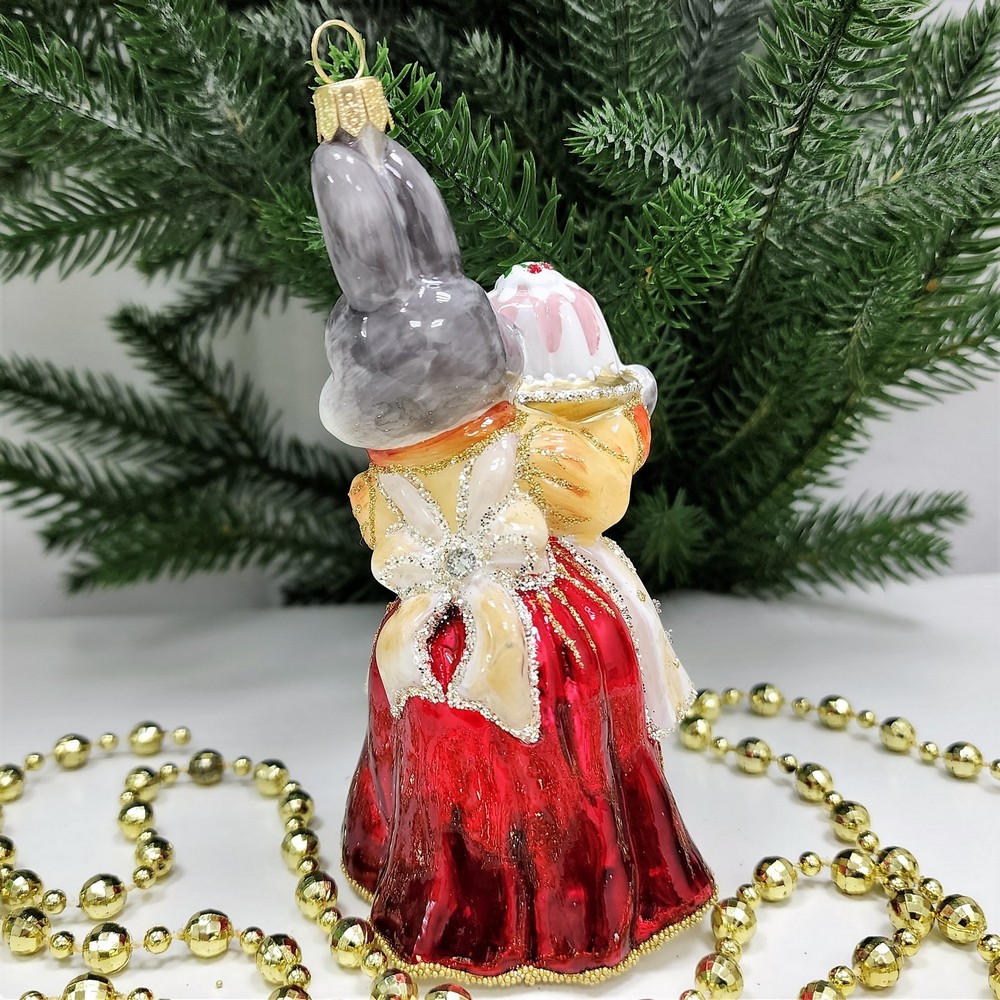 фото Стеклянная елочная игрушка Зайчиха с тортом