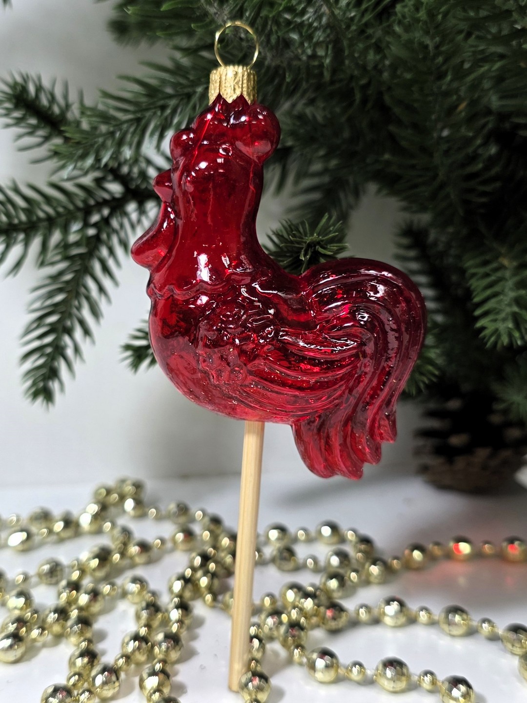 фото Стеклянная елочная игрушка Петушок на палочке