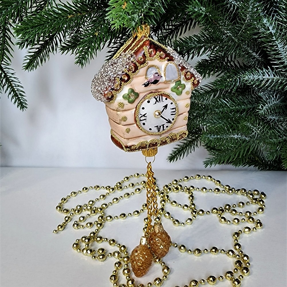 фото Стеклянная елочная игрушка Часы с кукушкой винтаж