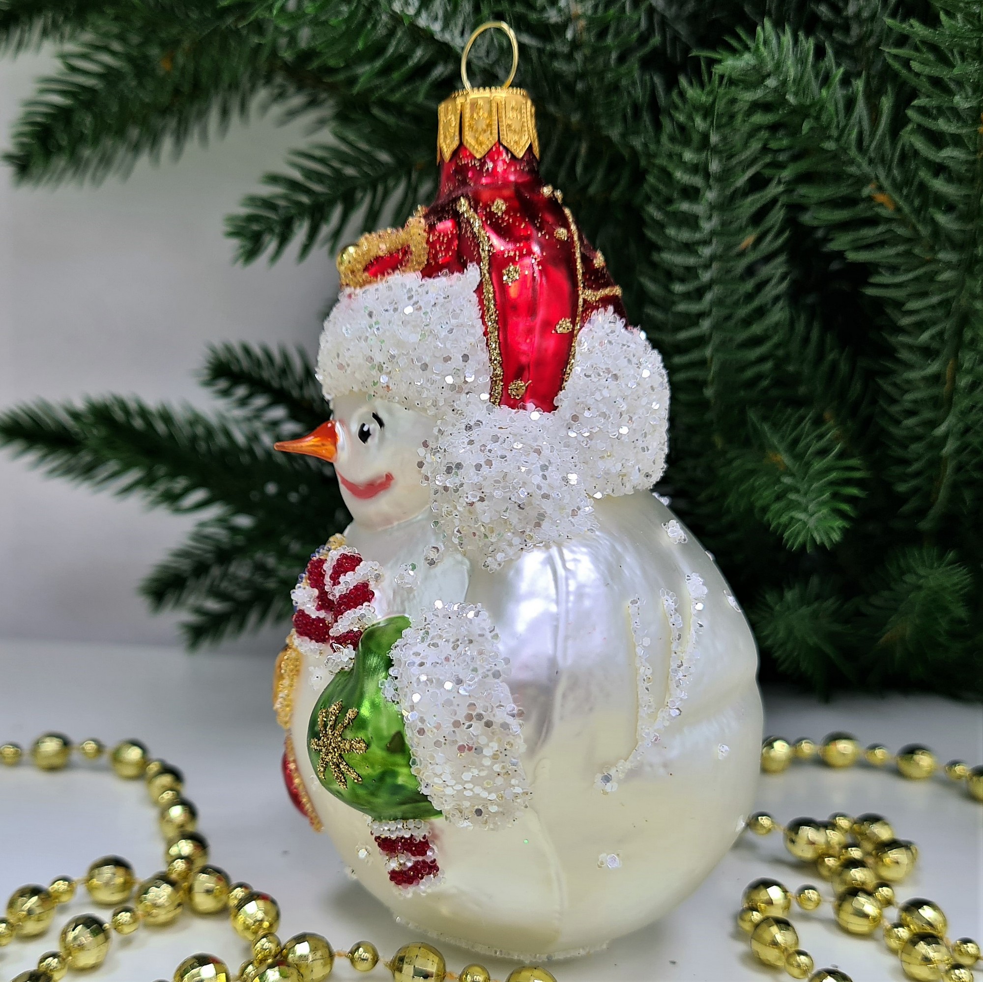 фото Стеклянная елочная игрушка Снеговик