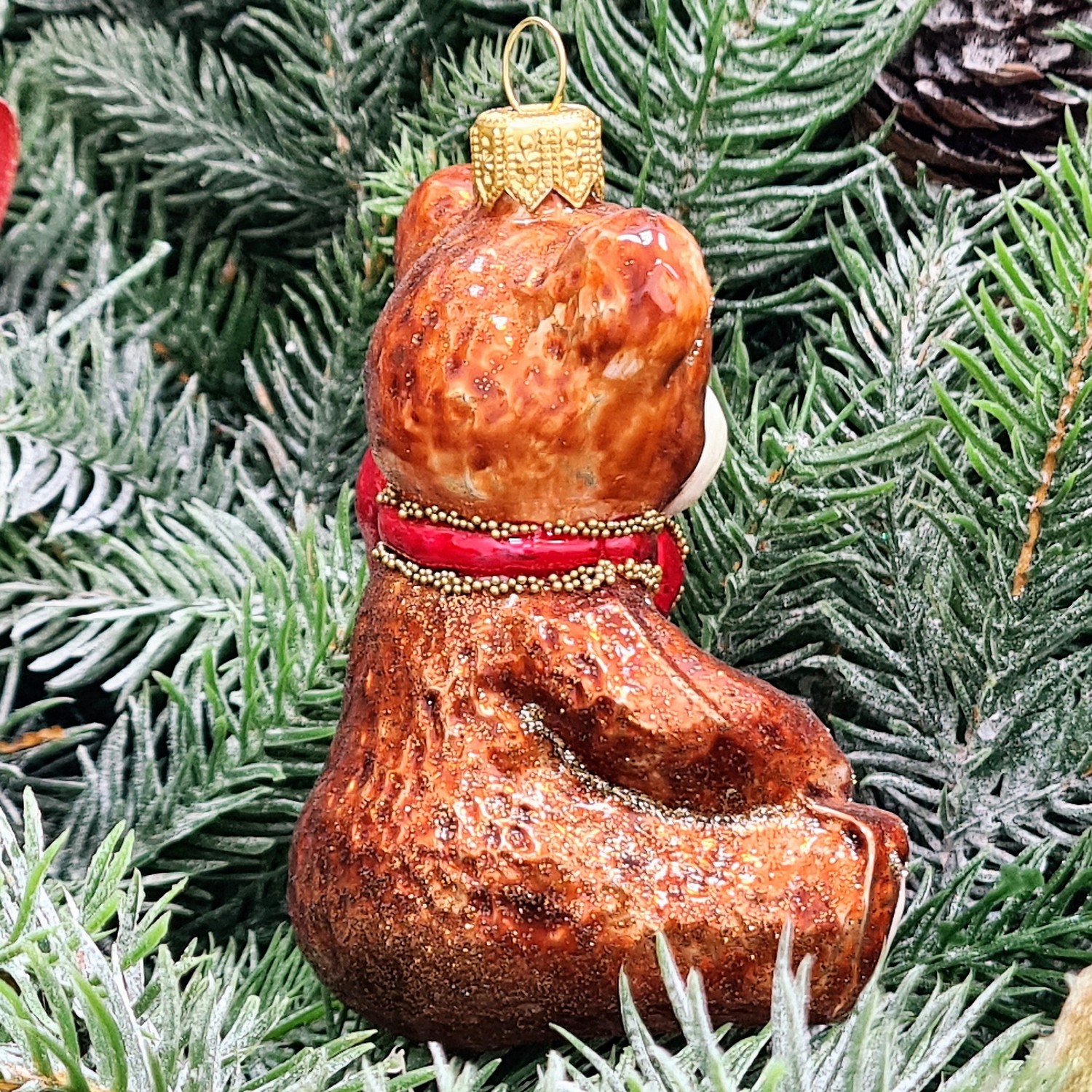 фото Стеклянная елочная игрушка Мишка с подарками