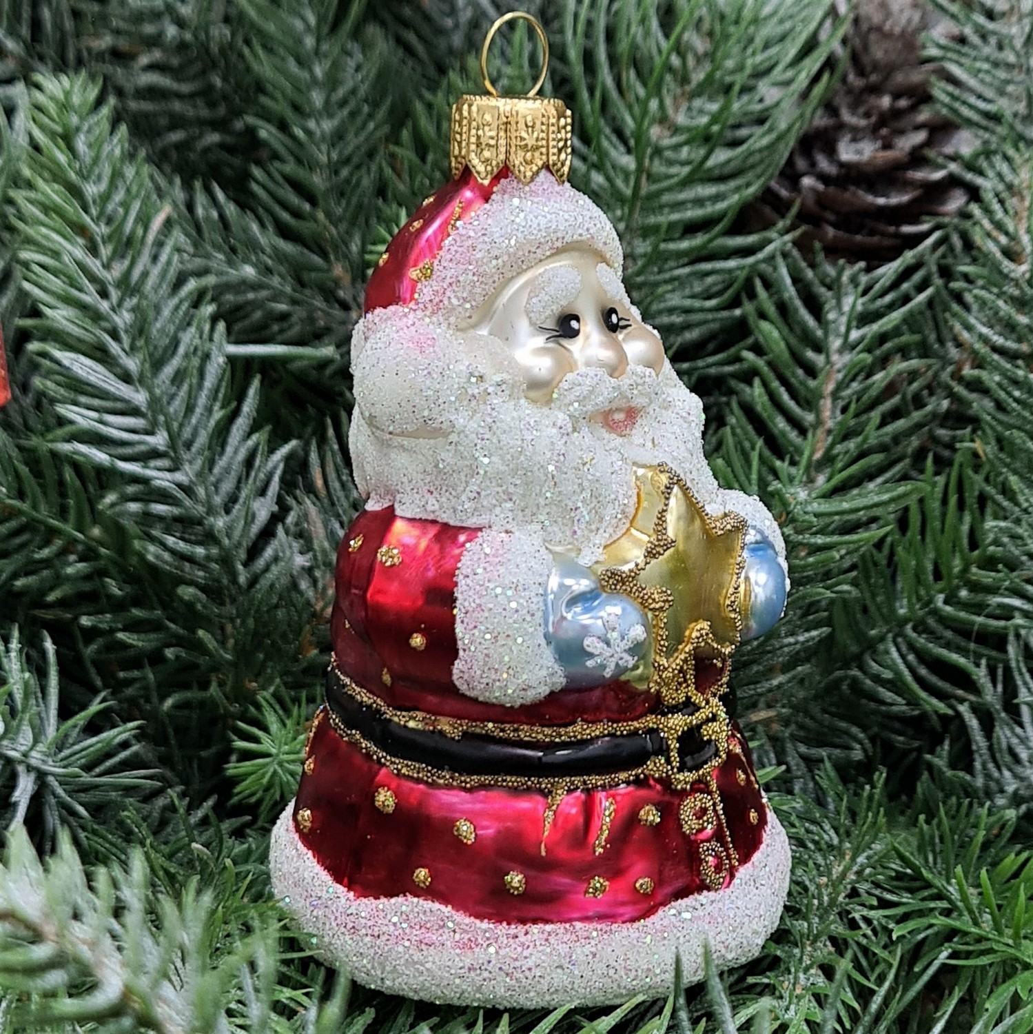 фото Стеклянная елочная игрушка Дед Мороз со звездой