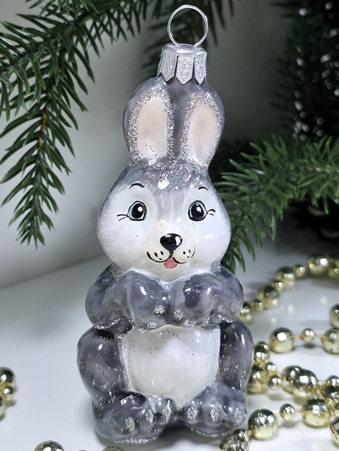 фото Стеклянная елочная игрушка Зайчик