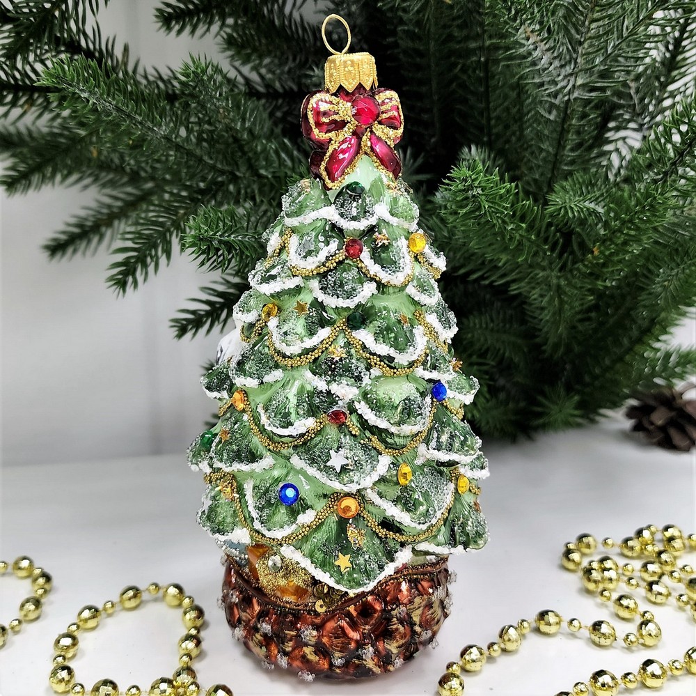 фото Стеклянная елочная игрушка Елка с совой и звездой