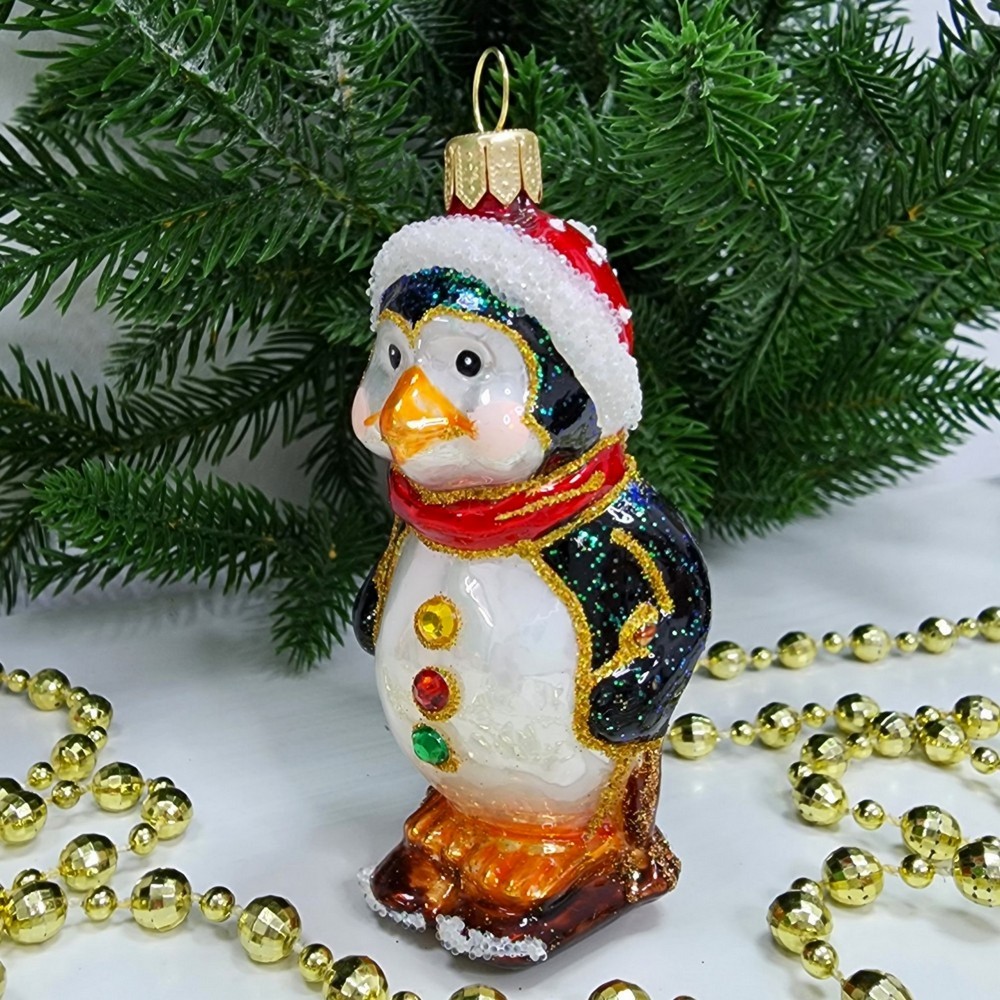 фото Стеклянная елочная игрушка Пингвин на лыжах