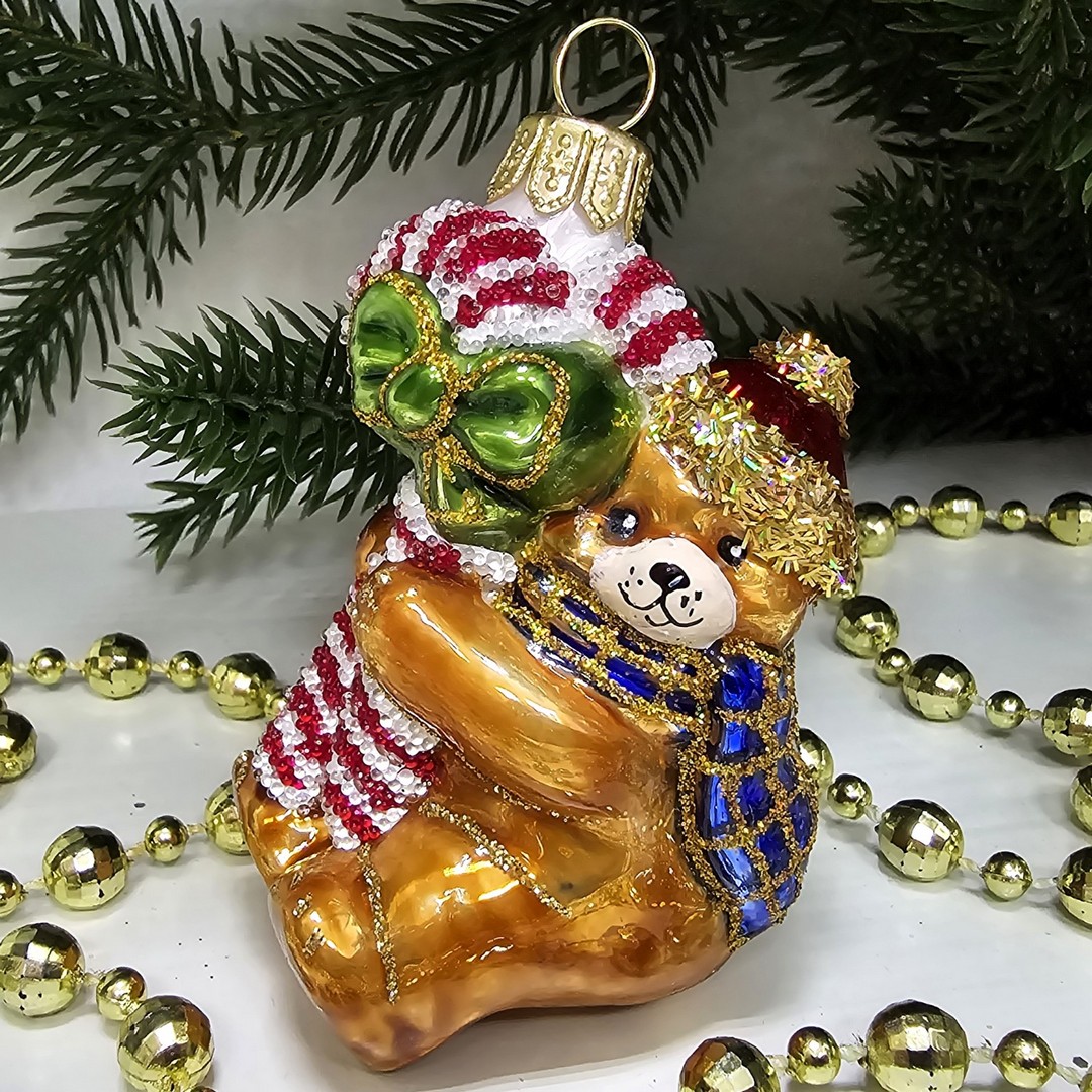 фото Стеклянная елочная игрушка Мишка с сахарной палочкой
