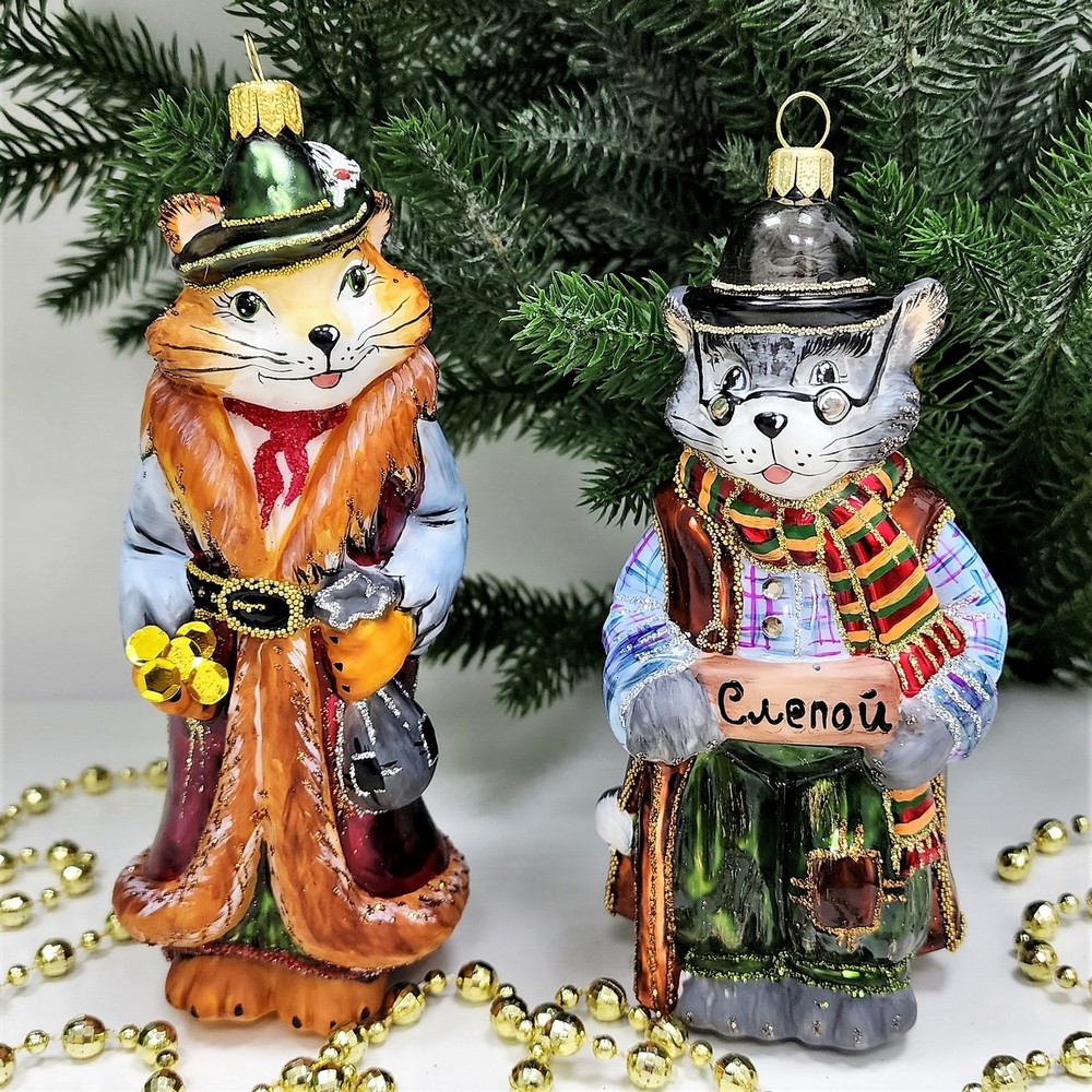 фото Набор стеклянных ёлочных игрушек Кот и лиса
