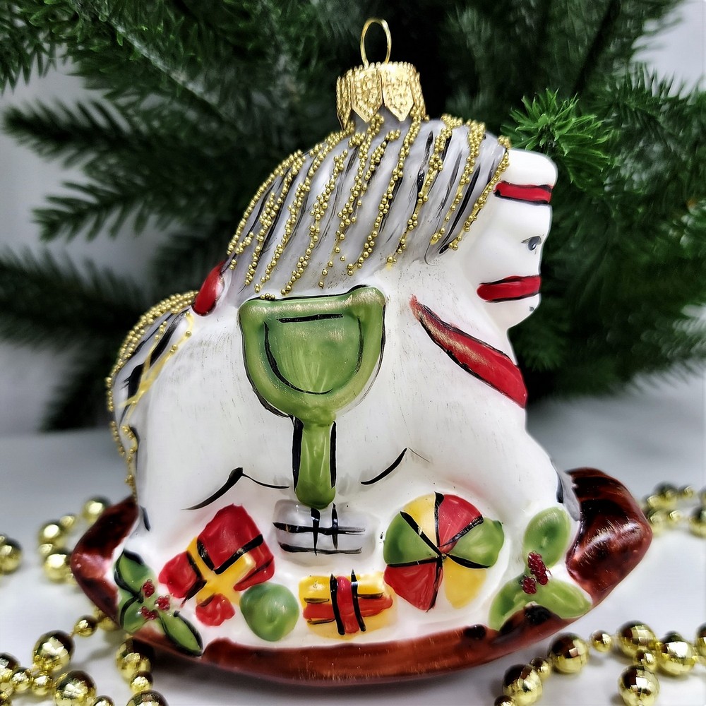 фото Стеклянная елочная игрушка Лошадка-качалка винтаж