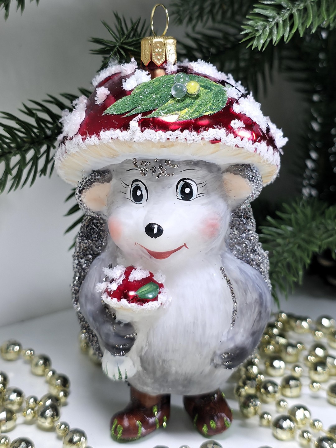 фото Стеклянная елочная игрушка Ежик грибок мухомор