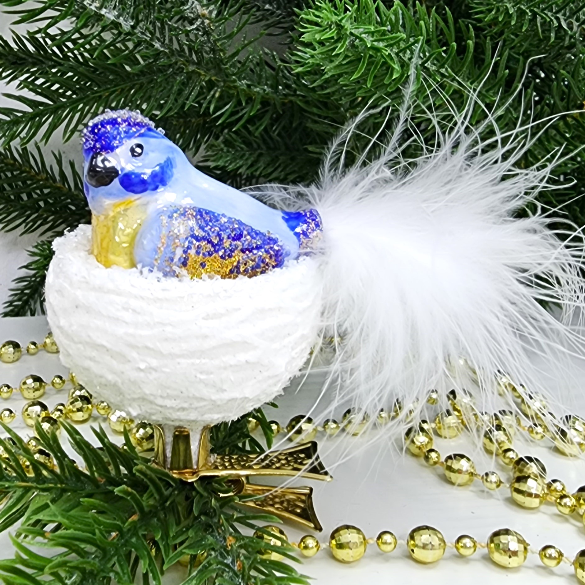 фото Стеклянная елочная игрушка Синичка в гнезде на прищепке