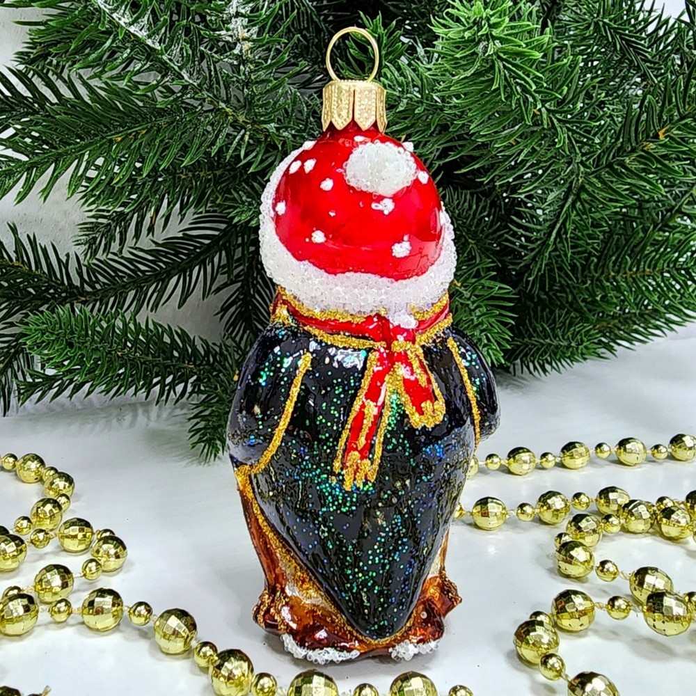 фото Стеклянная елочная игрушка Пингвин на лыжах