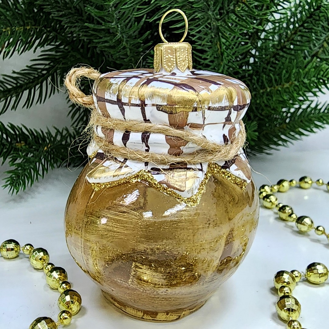 фото Стеклянная елочная игрушка Баночка мёда