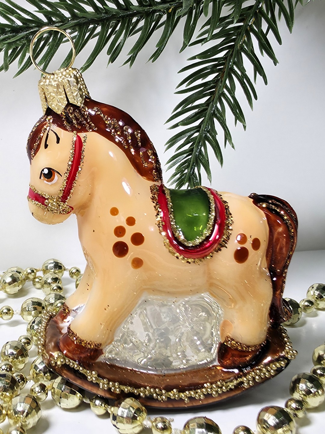 фото Стеклянная елочная игрушка Лошадка качалка малая