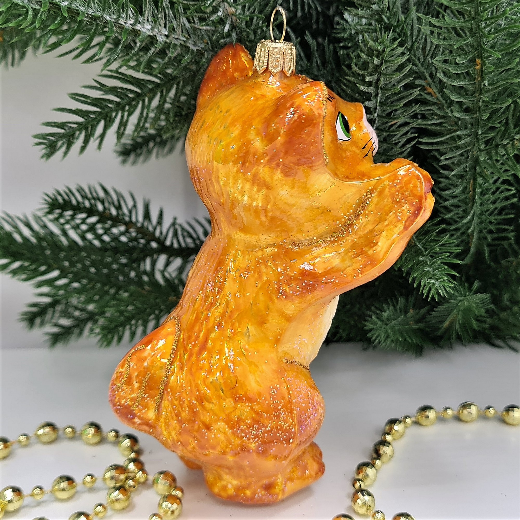 фото Стеклянная елочная игрушка Рыжий котик