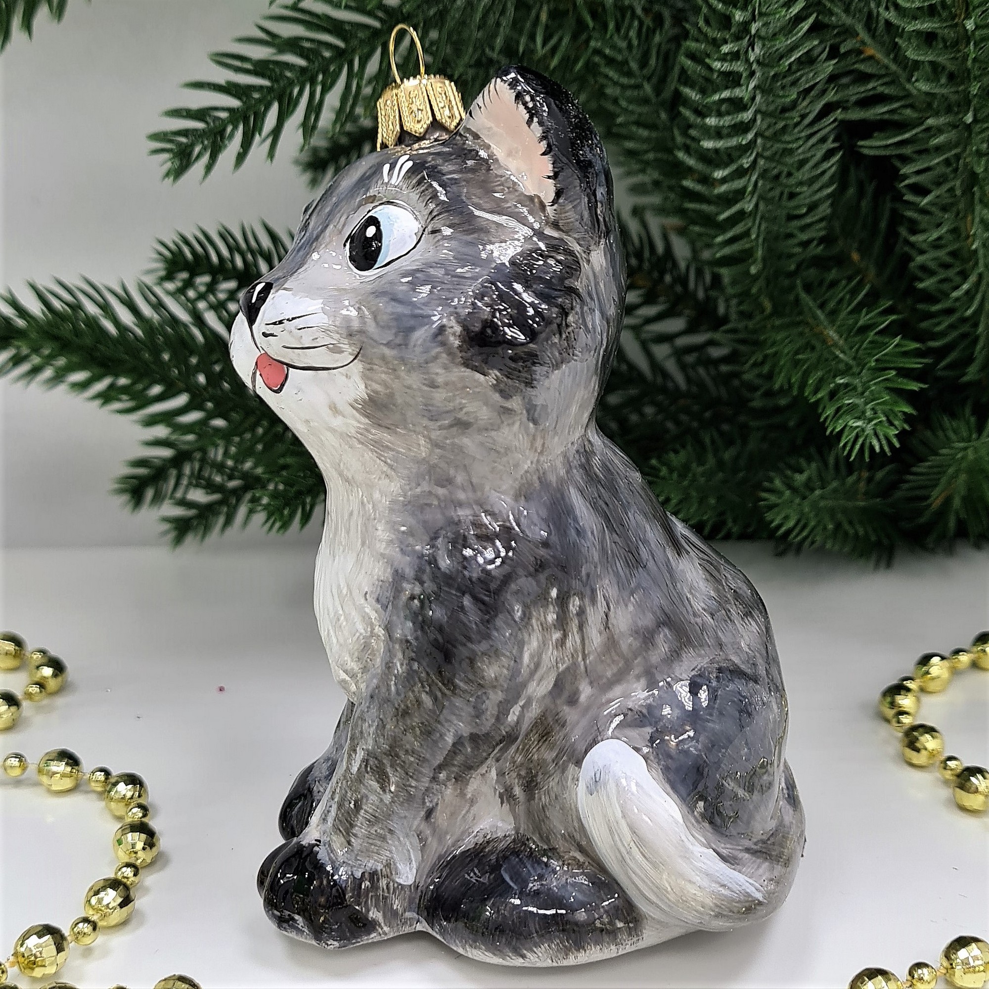 фото Стеклянная елочная игрушка Серый котик